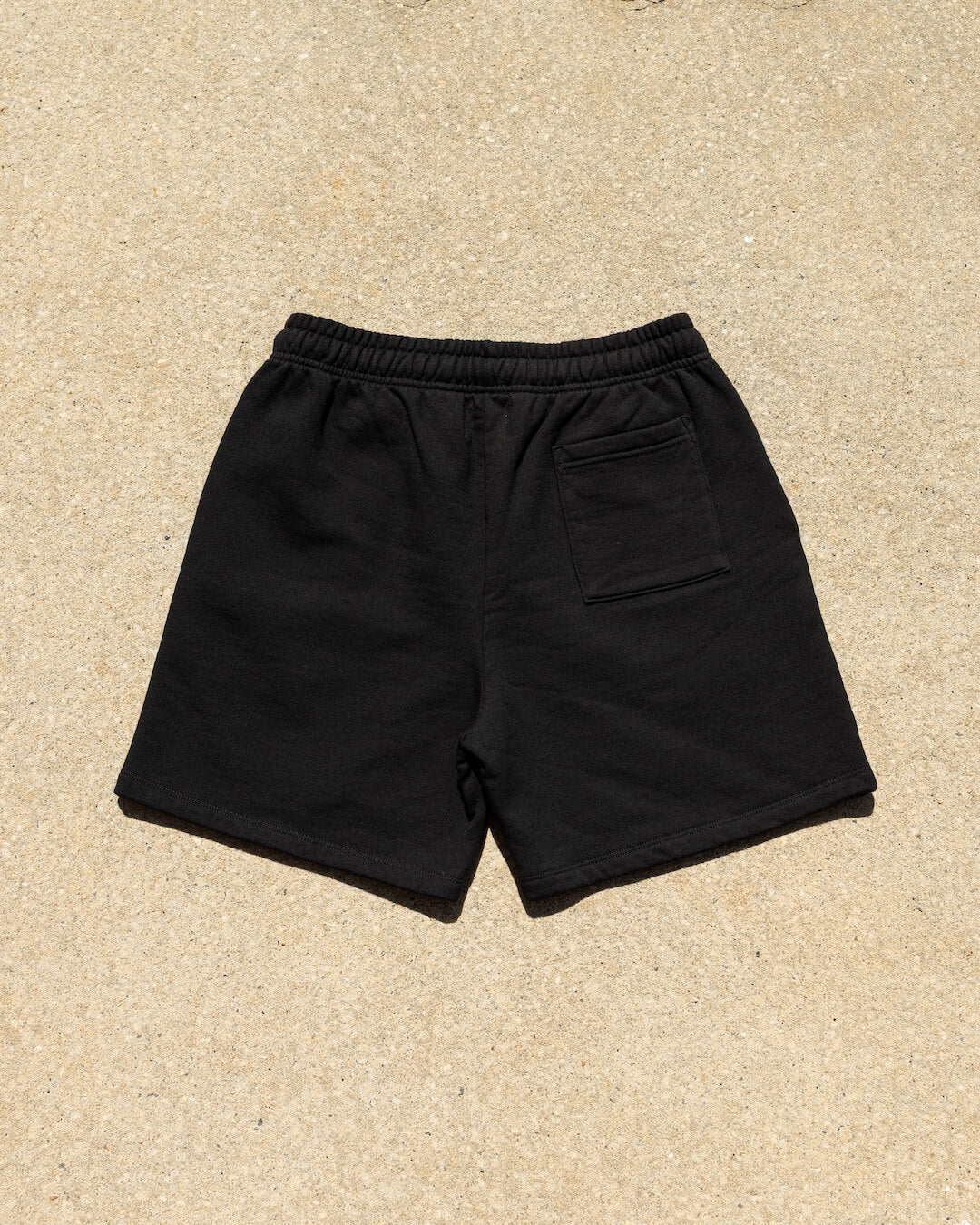 Back view of LAGRAND Script Fleece Shorts in Sable Black with rear pocket